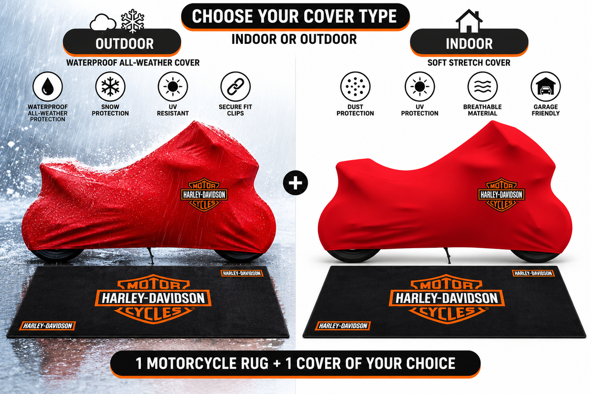 Harley Davidson Motorcycle Cover & Garage Rug Bundle – Custom Fit Indoor or Waterproof Outdoor Cover