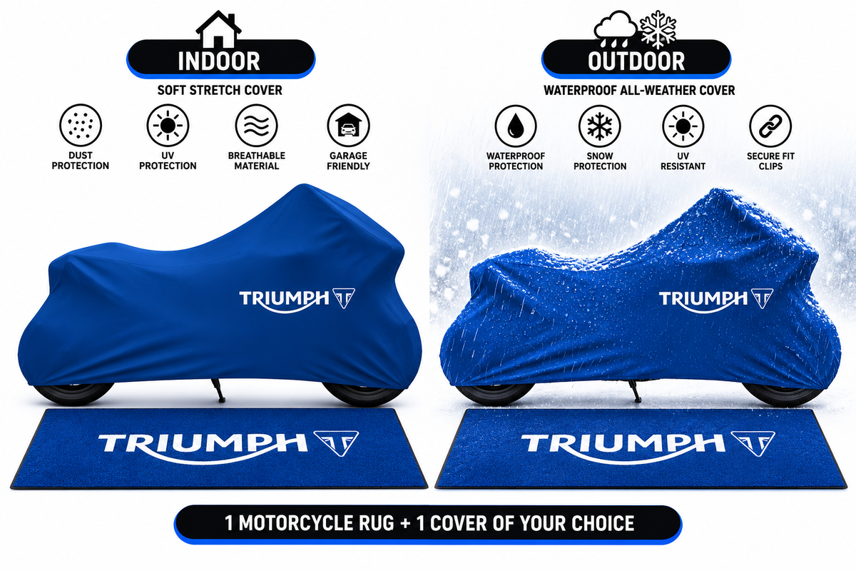 Triumph Motorcycle Cover & Garage Rug Bundle – Custom Fit Indoor or Waterproof Outdoor Cover