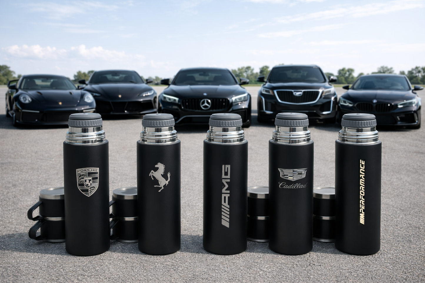 AMG Laser Logo Thermos Set 500 ml – Insulated Flask with 3 Cups