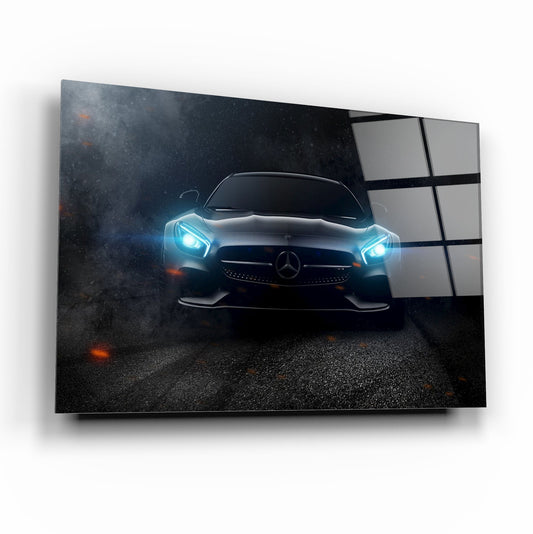 Mercedes-AMG GT Glass Wall Art – Luxury Supercar Tempered Glass Picture with Night Drive Effect for Home & Garage Décor