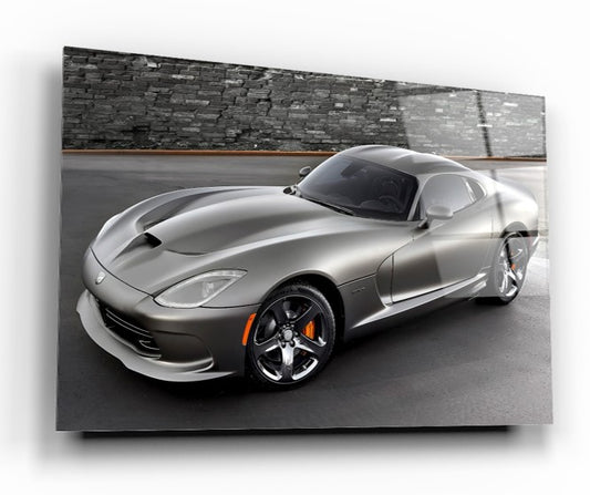Silver Dodge Viper Glass Wall Art – American Muscle Car Tempered Glass Picture for Modern Home & Garage Décor