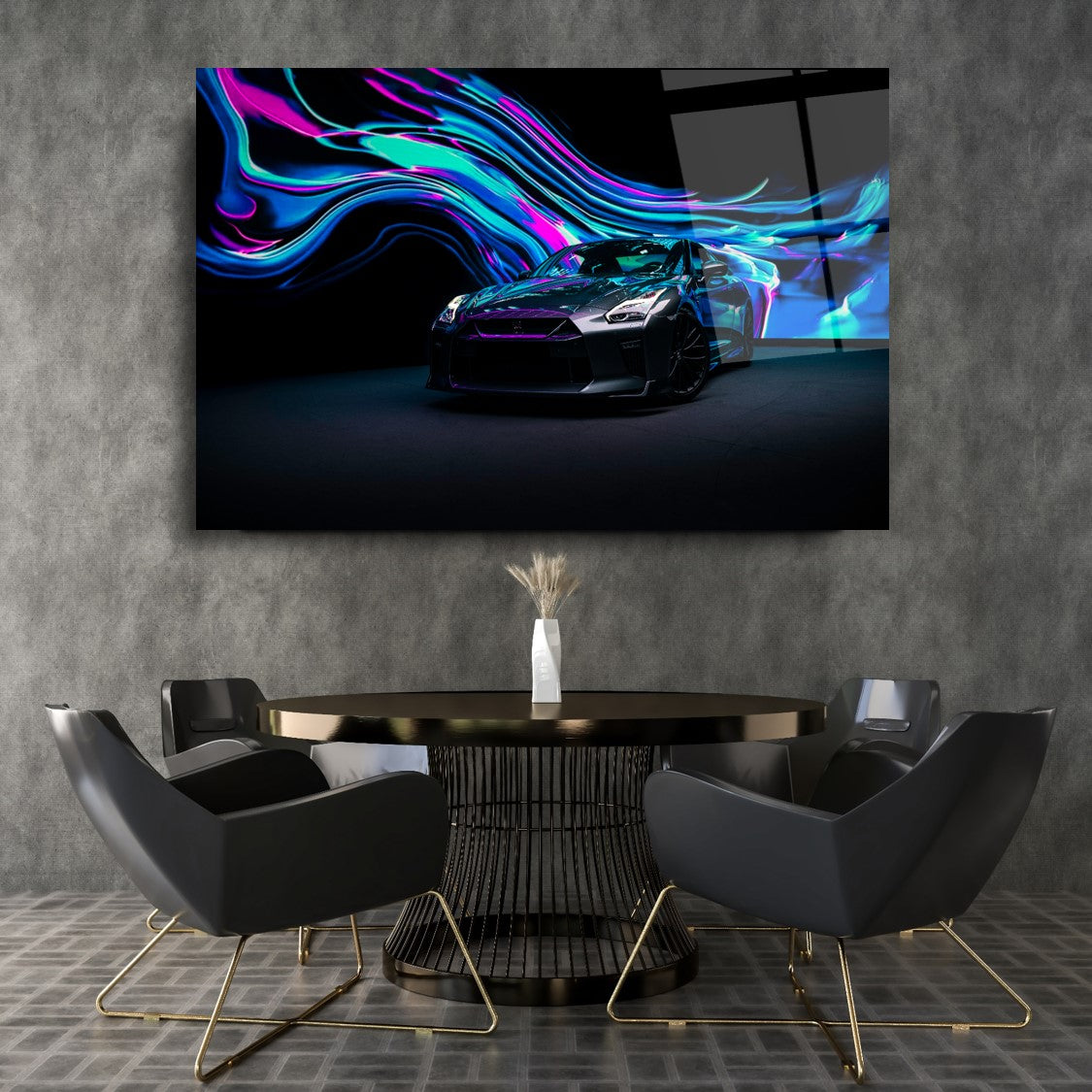 Nissan GT-R Glass Wall Art – Modern Supercar Tempered Glass Picture with Neon Light Design for Home & Garage Décor