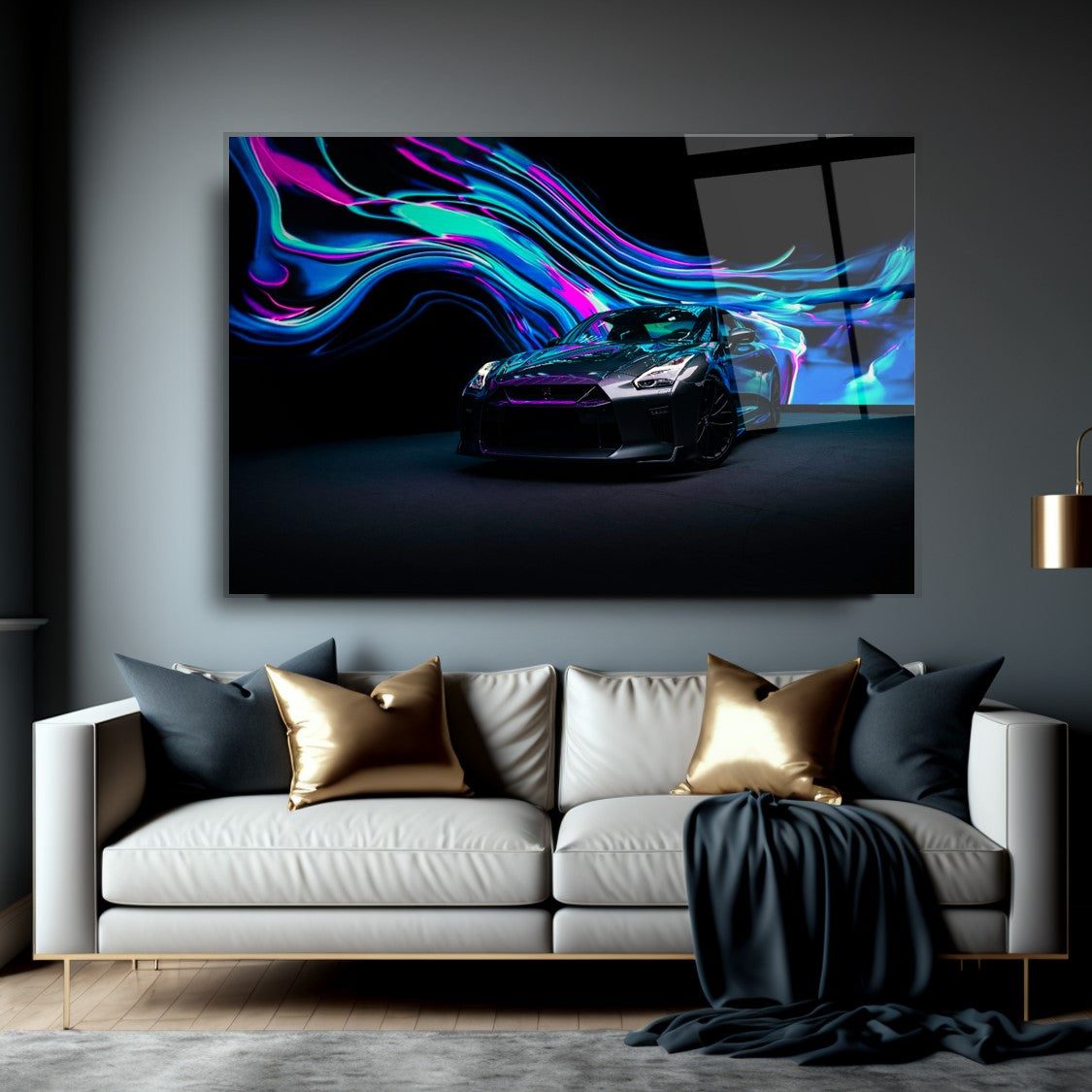 Nissan GT-R Glass Wall Art – Modern Supercar Tempered Glass Picture with Neon Light Design for Home & Garage Décor
