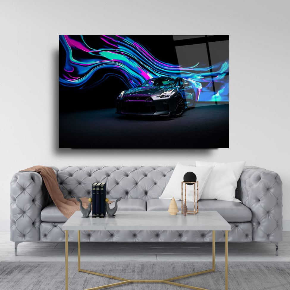 Nissan GT-R Glass Wall Art – Modern Supercar Tempered Glass Picture with Neon Light Design for Home & Garage Décor