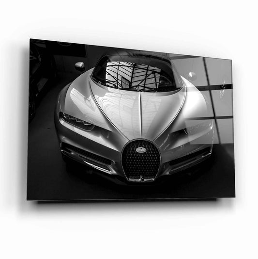 Silver Bugatti Chiron Glass Wall Art – Luxury Supercar Tempered Glass Picture for Modern Home & Garage Décor