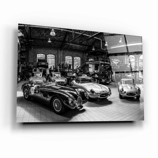 Classic Jaguar Collection Glass Wall Art – Vintage Sports Cars Tempered Glass Picture for Retro Home & Garage Décor