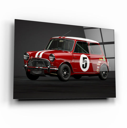 Classic Mini Cooper Racing Car Glass Wall Art – Premium Tempered Glass Picture for Vintage Auto & Garage Décor
