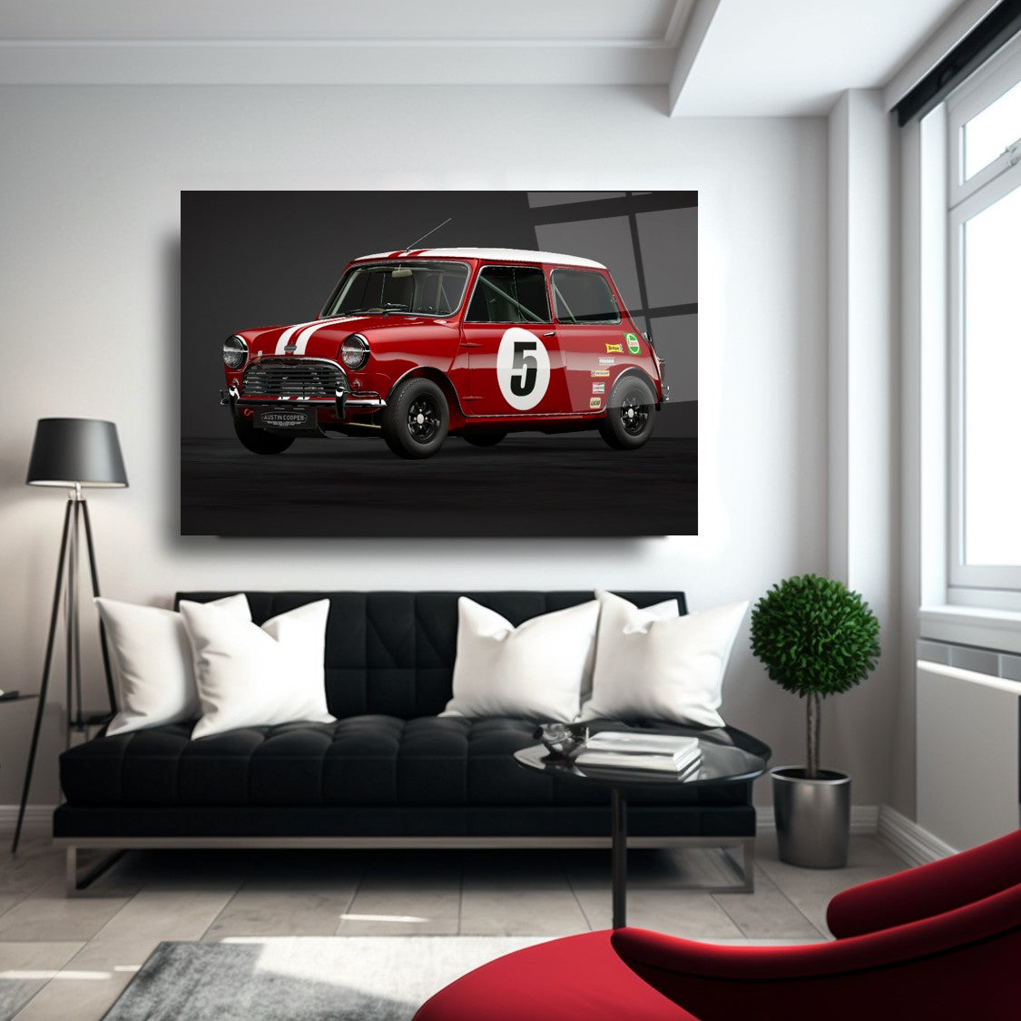 Classic Mini Cooper Racing Car Glass Wall Art – Premium Tempered Glass Picture for Vintage Auto & Garage Décor