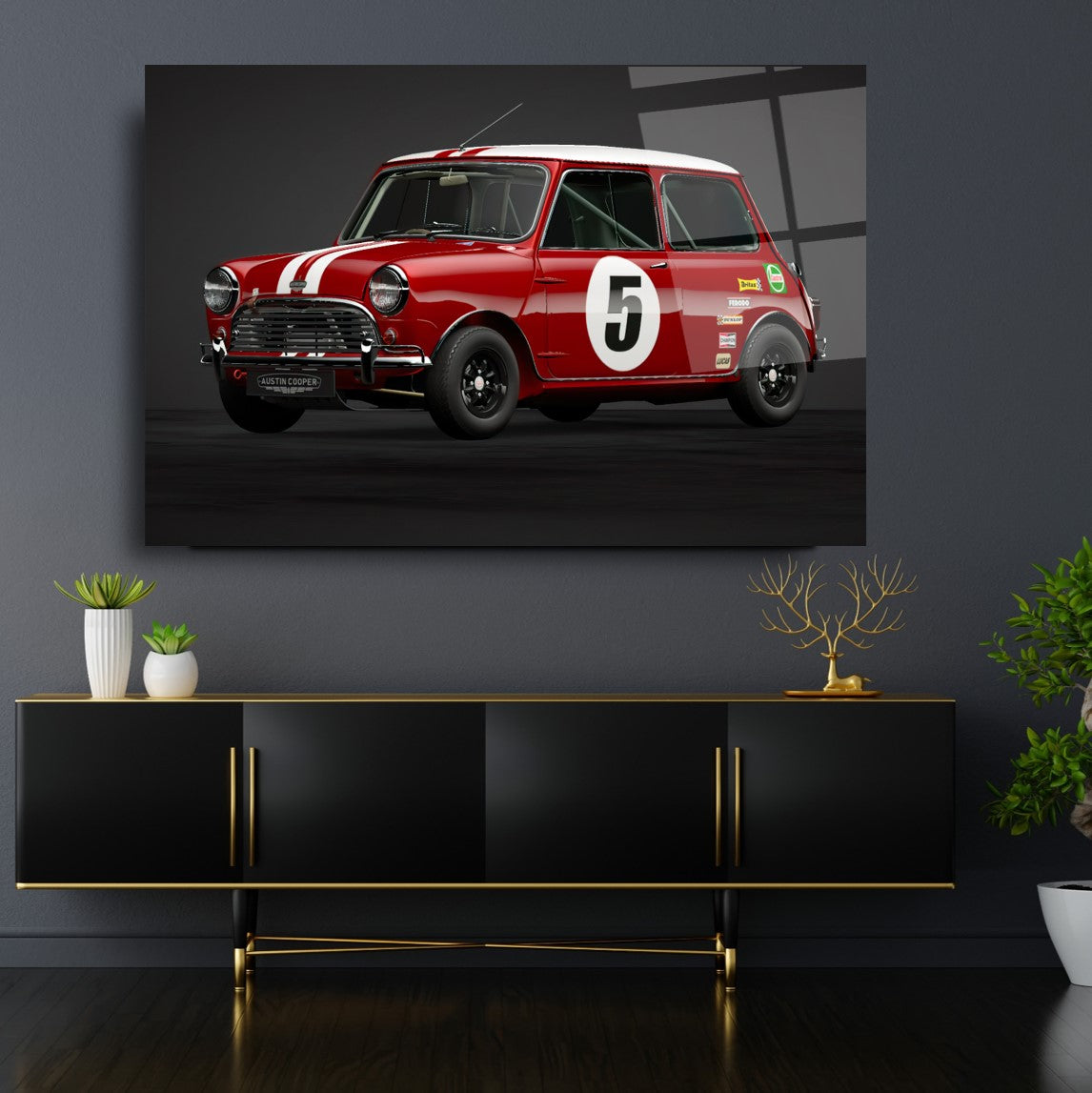 Classic Mini Cooper Racing Car Glass Wall Art – Premium Tempered Glass Picture for Vintage Auto & Garage Décor