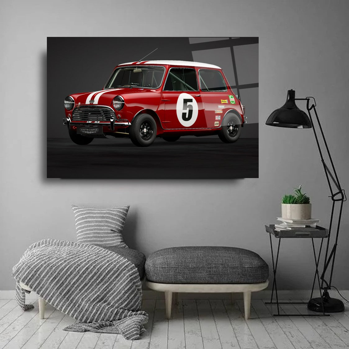 Classic Mini Cooper Racing Car Glass Wall Art – Premium Tempered Glass Picture for Vintage Auto & Garage Décor