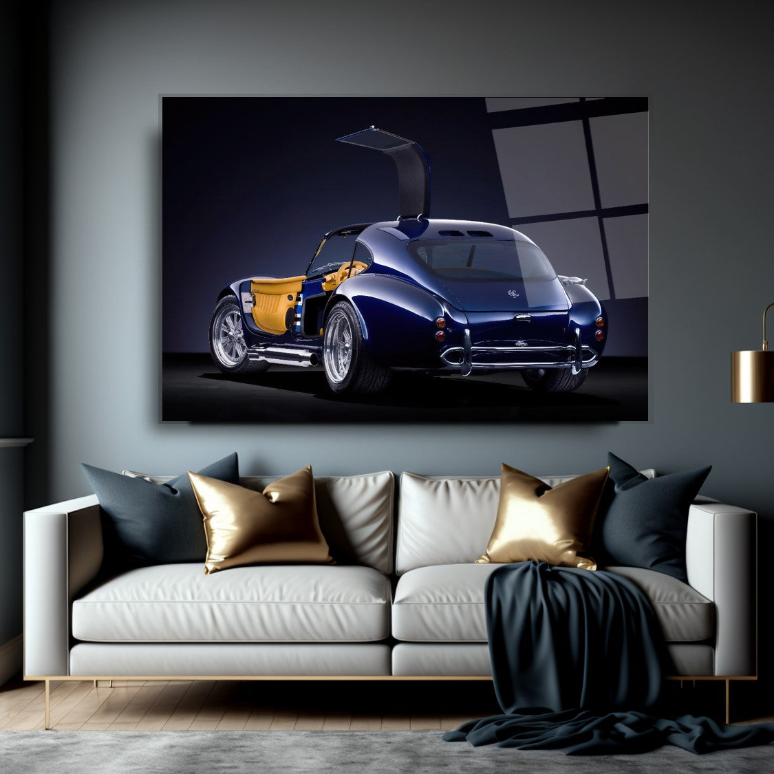 Classic Blue Shelby Cobra Glass Wall Art – Premium Tempered Glass Picture for Luxury Home & Garage Décor