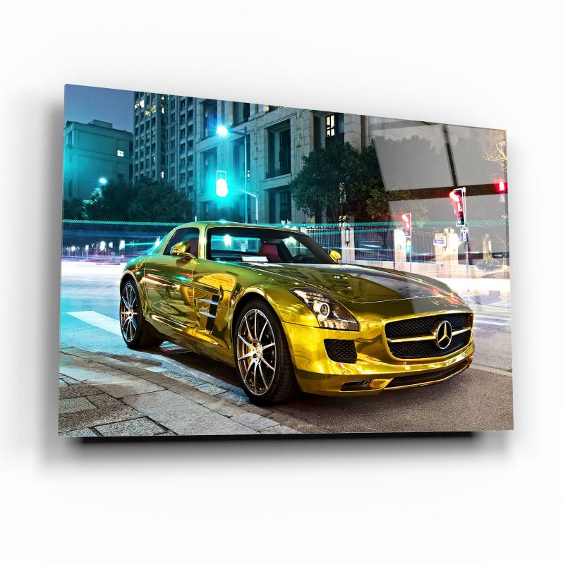 Luxury Golden Mercedes Glass Wall Art – Premium Tempered Glass Picture for Modern Home & Garage Décor