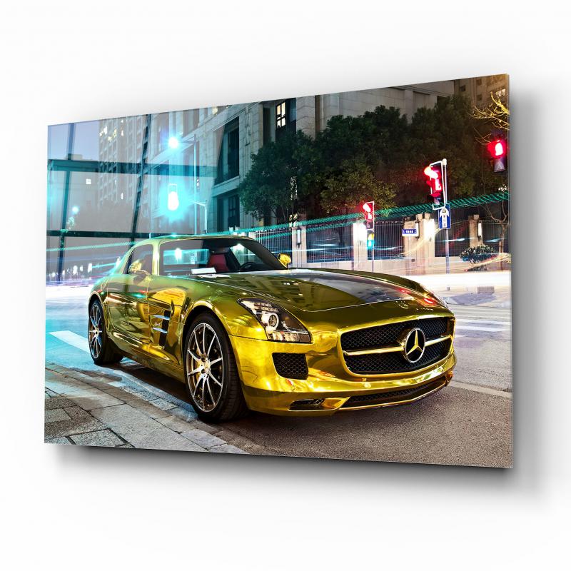 Luxury Golden Mercedes Glass Wall Art – Premium Tempered Glass Picture for Modern Home & Garage Décor
