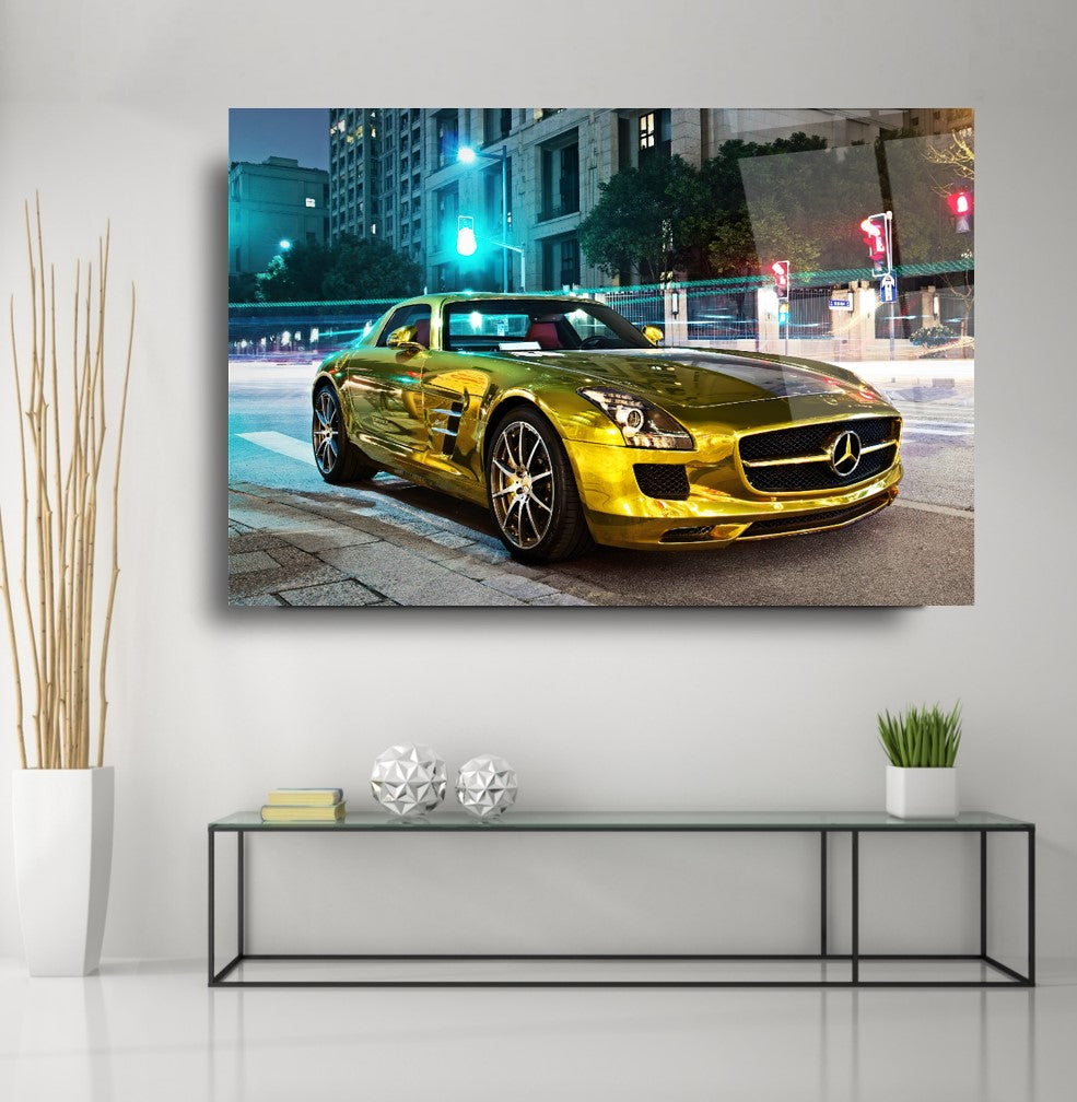 Luxury Golden Mercedes Glass Wall Art – Premium Tempered Glass Picture for Modern Home & Garage Décor