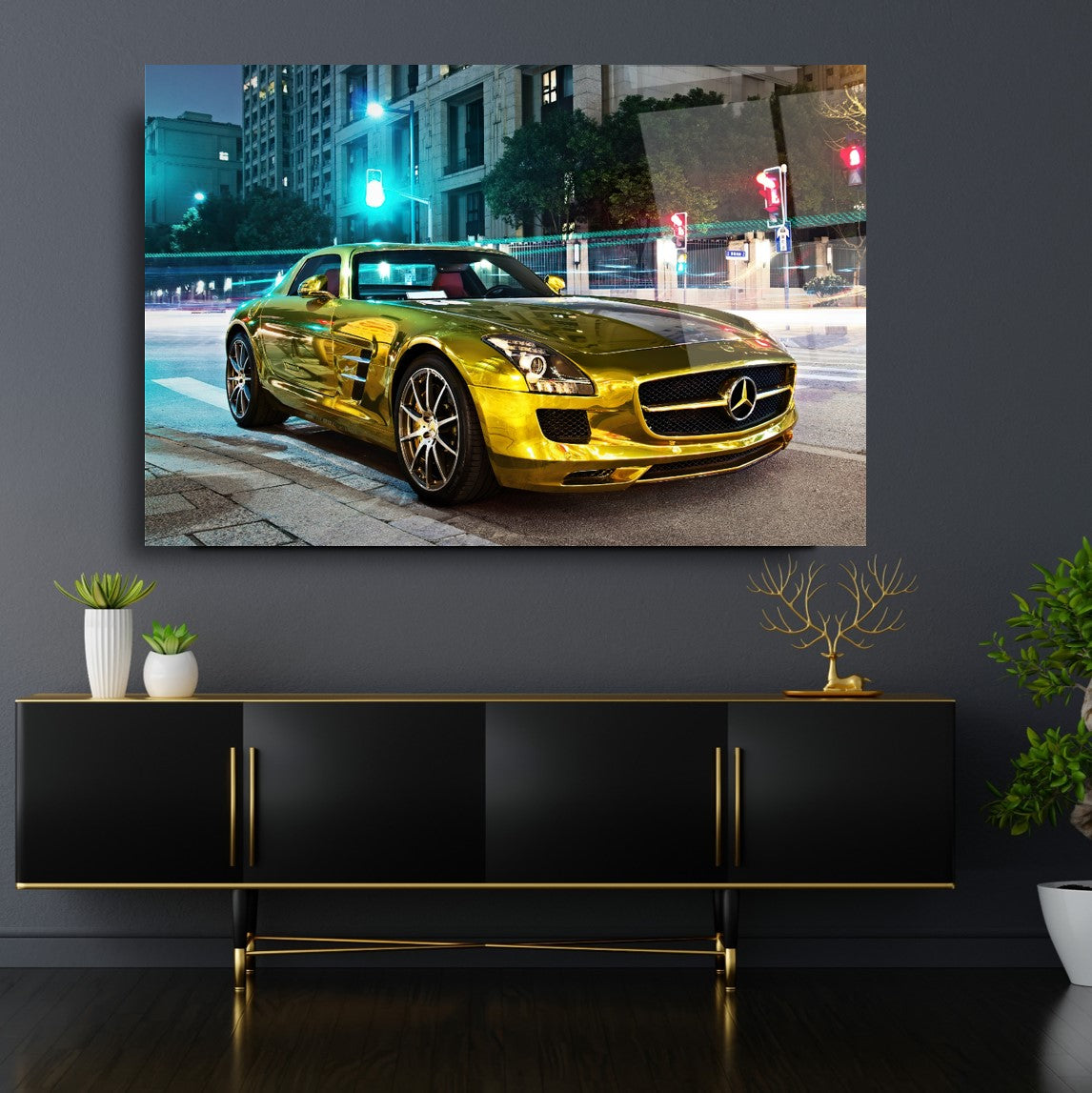 Luxury Golden Mercedes Glass Wall Art – Premium Tempered Glass Picture for Modern Home & Garage Décor