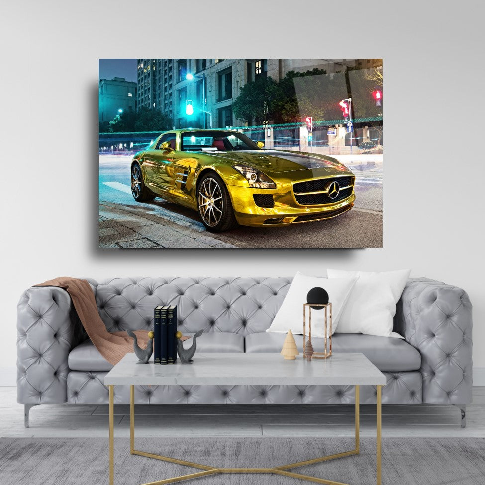 Luxury Golden Mercedes Glass Wall Art – Premium Tempered Glass Picture for Modern Home & Garage Décor