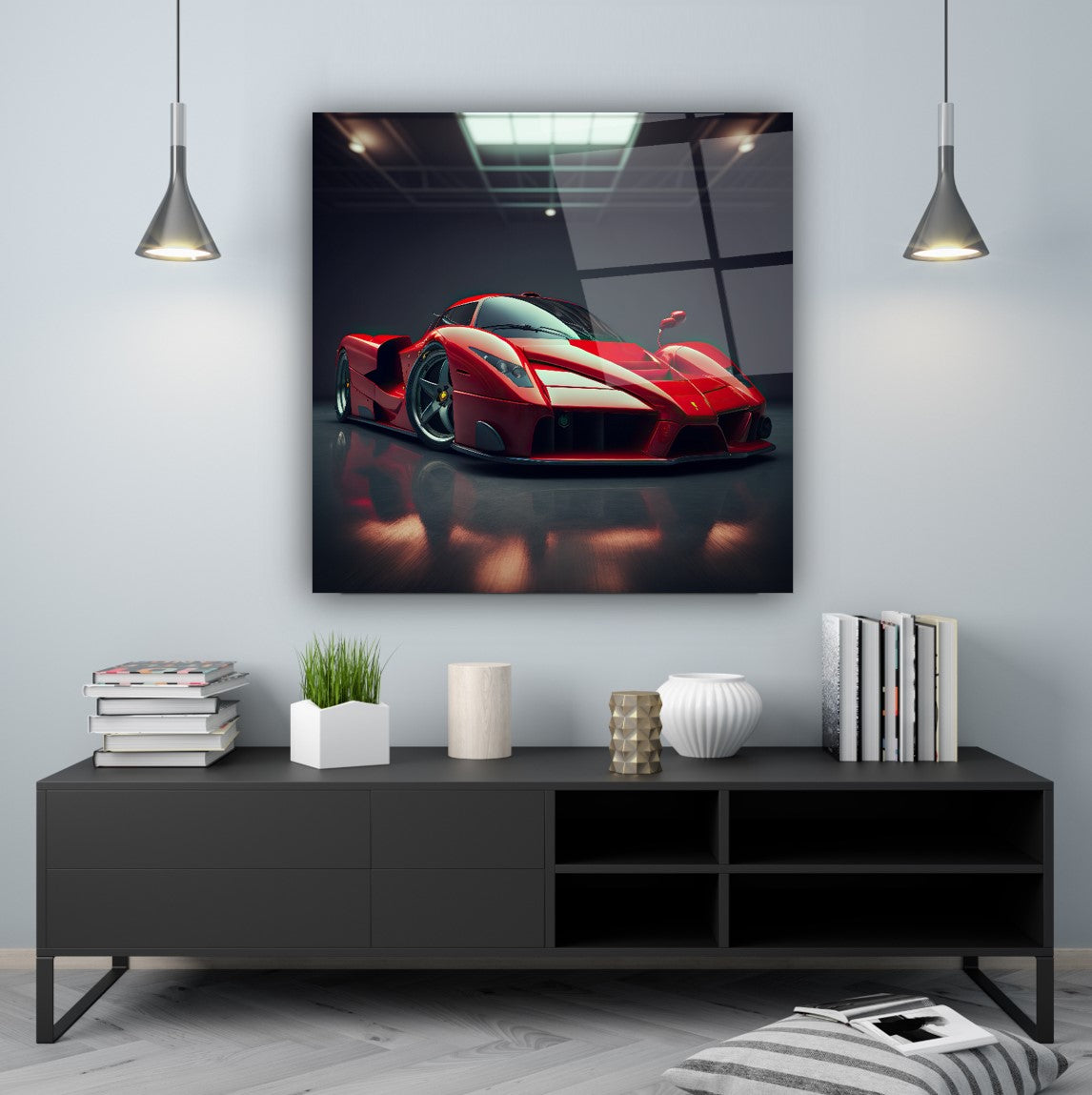 Red Ferrari Enzo Glass Wall Art – Exotic Supercar Tempered Glass Picture for Luxury Home & Garage Décor