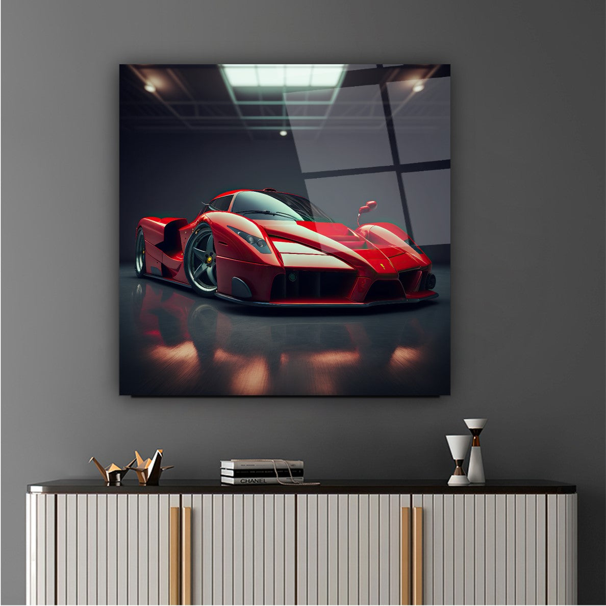 Red Ferrari Enzo Glass Wall Art – Exotic Supercar Tempered Glass Picture for Luxury Home & Garage Décor