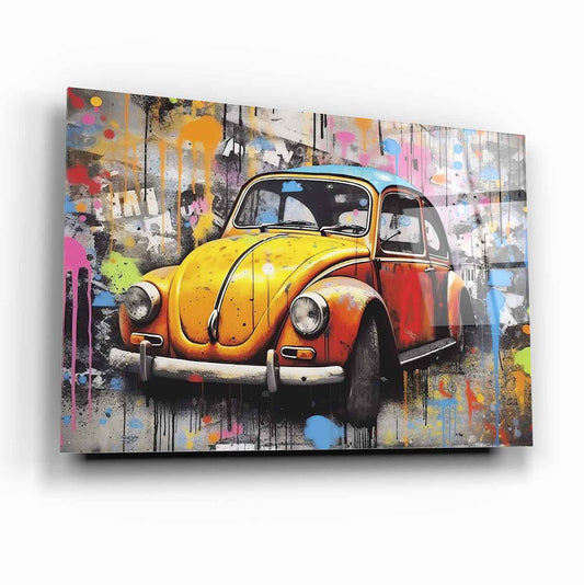 Colorful VW Beetle Glass Wall Art – Retro Classic Car Tempered Glass Picture with Street Art Graffiti Design