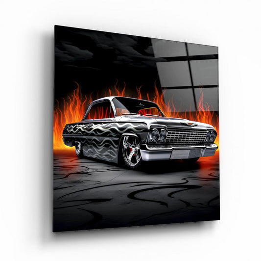 Chevrolet Impala Hot Rod Glass Wall Art – Custom Classic Car Tempered Glass Picture with Flame Design