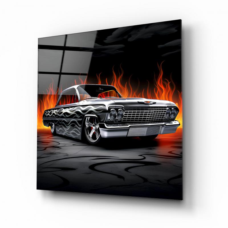 Chevrolet Impala Hot Rod Glass Wall Art – Custom Classic Car Tempered Glass Picture with Flame Design
