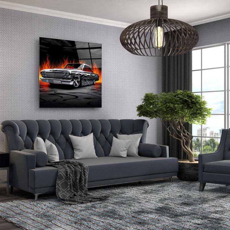 Chevrolet Impala Hot Rod Glass Wall Art – Custom Classic Car Tempered Glass Picture with Flame Design