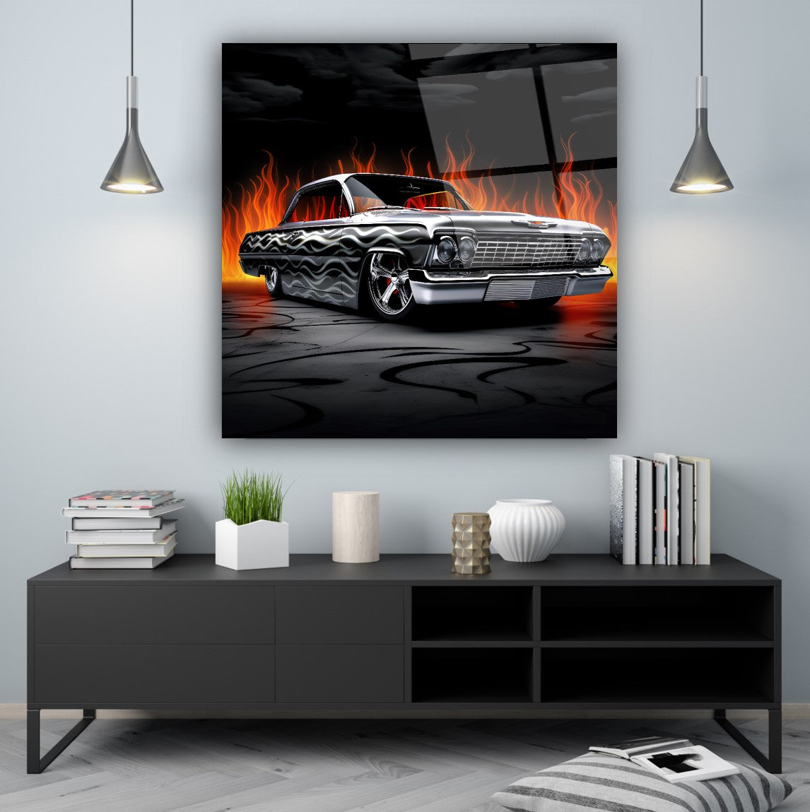 Chevrolet Impala Hot Rod Glass Wall Art – Custom Classic Car Tempered Glass Picture with Flame Design