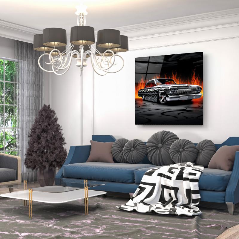 Chevrolet Impala Hot Rod Glass Wall Art – Custom Classic Car Tempered Glass Picture with Flame Design