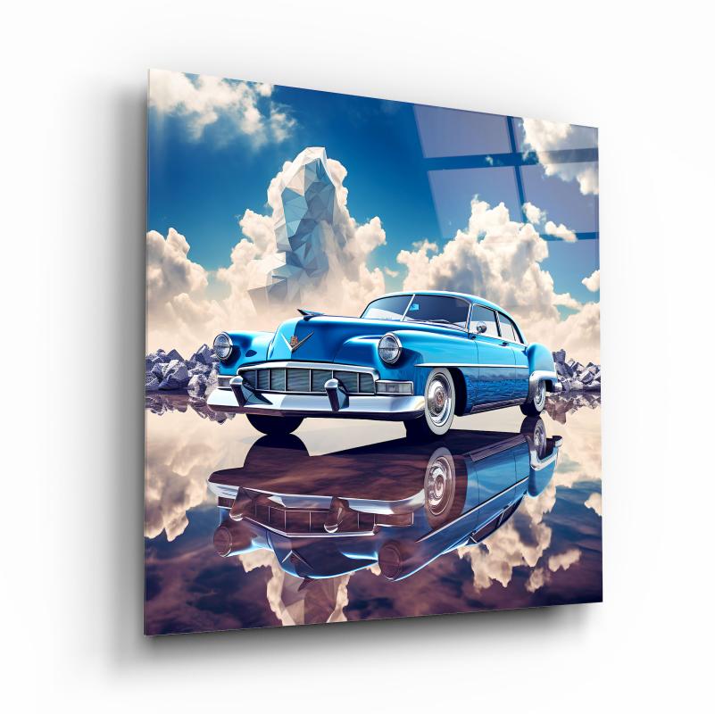 Blue Classic Cadillac Glass Wall Art – Vintage American Car Tempered Glass Picture with Sky Reflection Design
