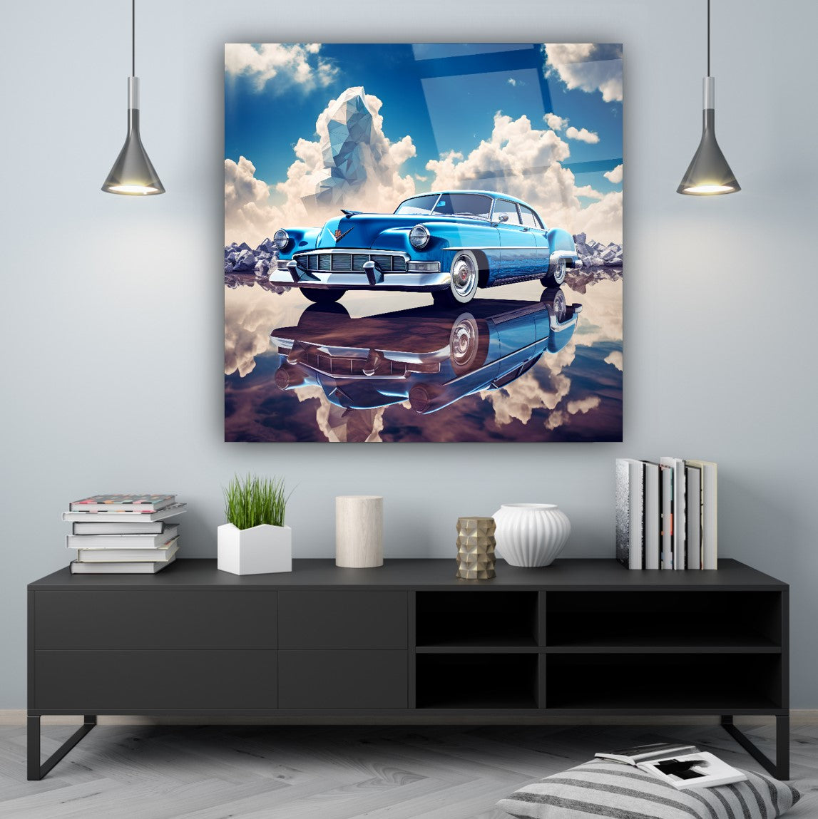 Blue Classic Cadillac Glass Wall Art – Vintage American Car Tempered Glass Picture with Sky Reflection Design