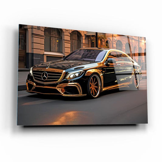 Luxury Mercedes-Benz AMG Glass Wall Art – Golden Black Supercar Tempered Glass Picture for Modern Home & Garage Décor