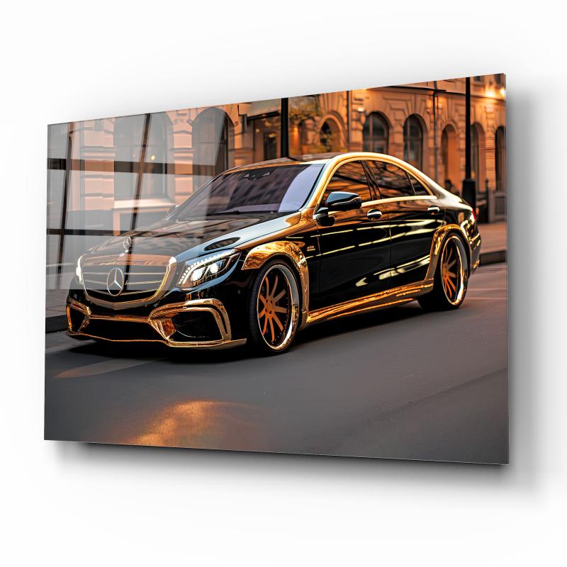 Luxury Mercedes-Benz AMG Glass Wall Art – Golden Black Supercar Tempered Glass Picture for Modern Home & Garage Décor