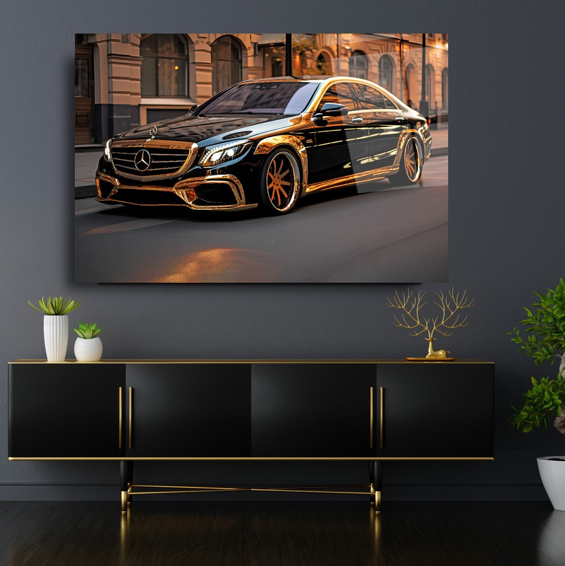 Luxury Mercedes-Benz AMG Glass Wall Art – Golden Black Supercar Tempered Glass Picture for Modern Home & Garage Décor