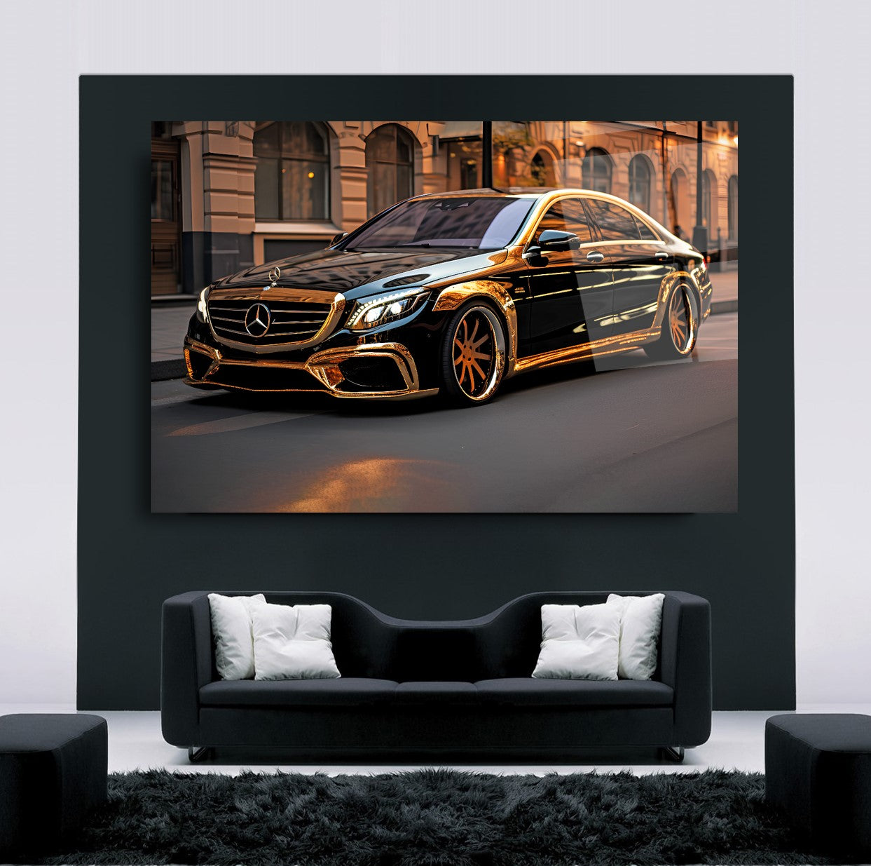Luxury Mercedes-Benz AMG Glass Wall Art – Golden Black Supercar Tempered Glass Picture for Modern Home & Garage Décor