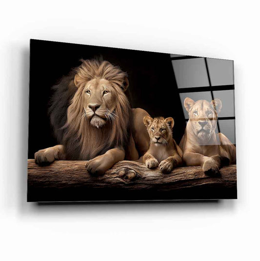 Lion Family Glass Wall Art – Majestic Wildlife Tempered Glass Picture for Modern Home & Living Room Décor