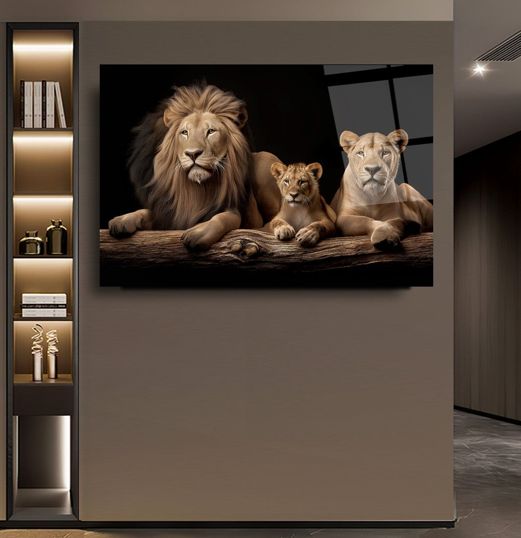 Lion Family Glass Wall Art – Majestic Wildlife Tempered Glass Picture for Modern Home & Living Room Décor
