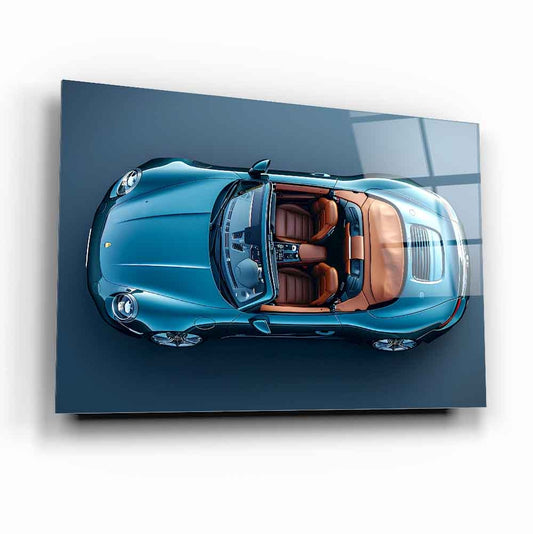 Blue Cabriolet Glass Wall Art – Luxury Sports Car Tempered Glass Picture with Top View Design