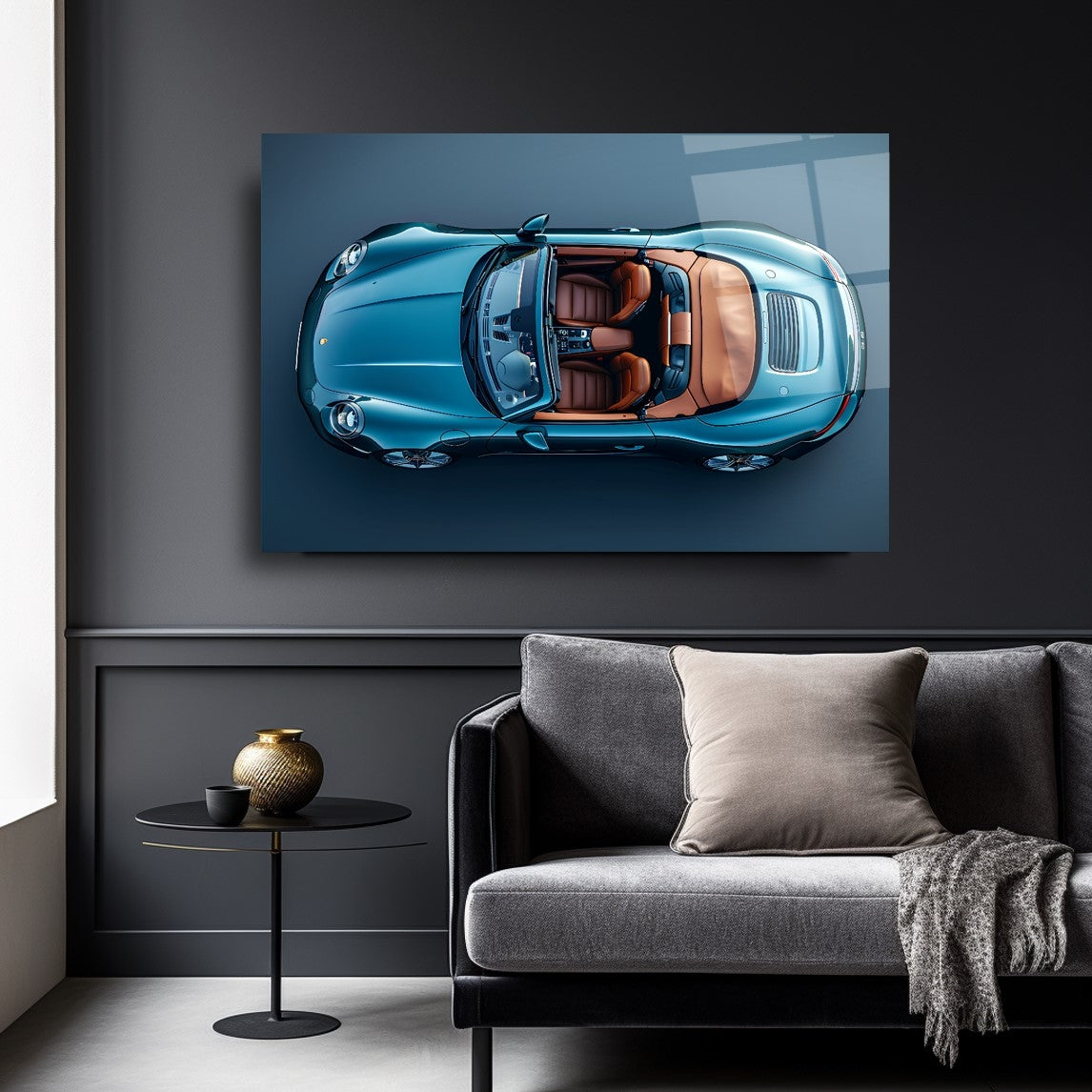 Blue Cabriolet Glass Wall Art – Luxury Sports Car Tempered Glass Picture with Top View Design