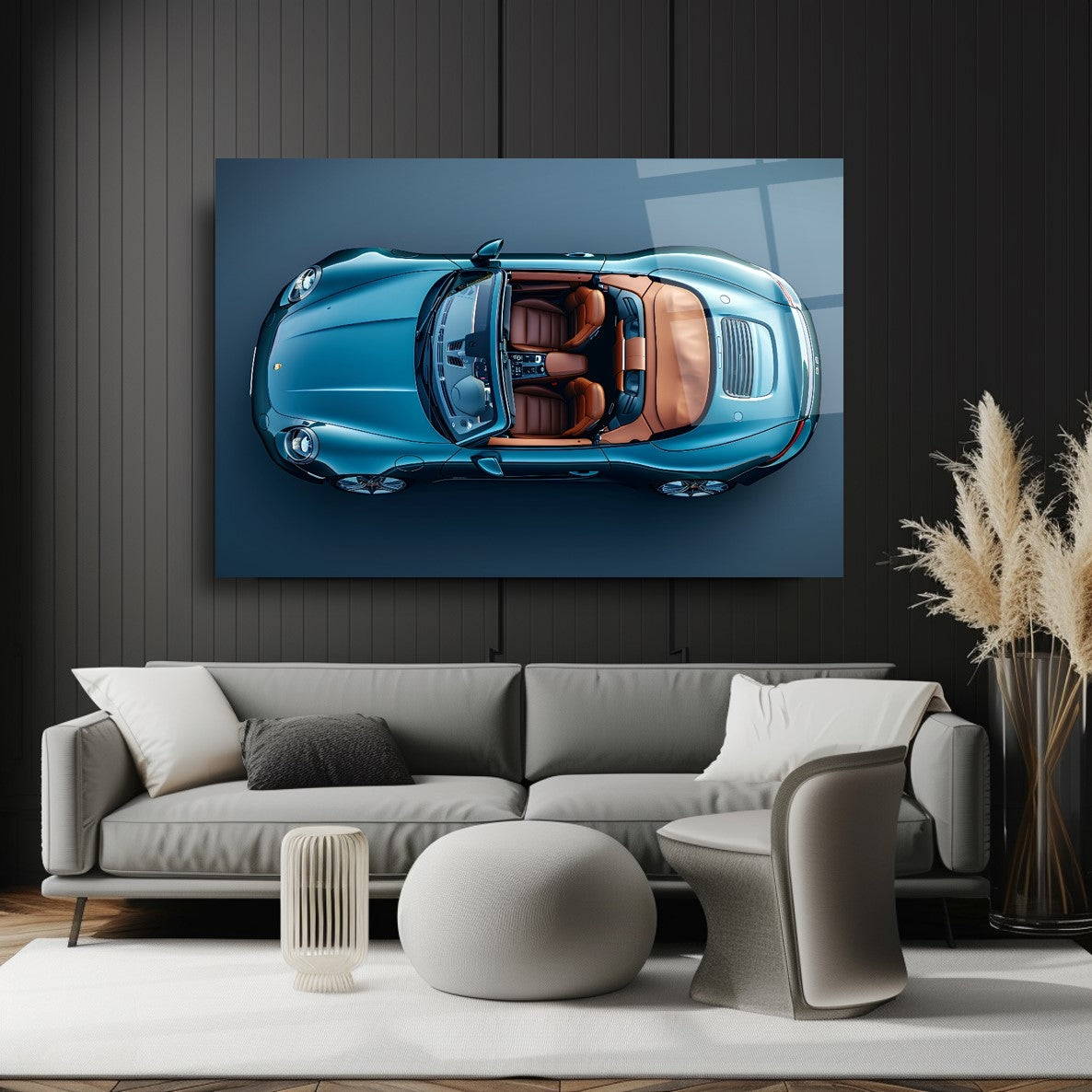 Blue Cabriolet Glass Wall Art – Luxury Sports Car Tempered Glass Picture with Top View Design