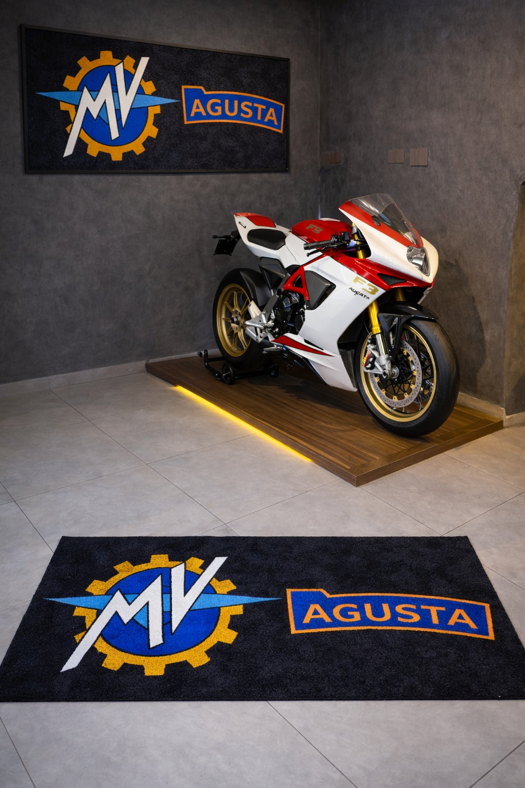 MV Agusta Motorcycle Garage Floor Mat 32x87 Inches Premium Showroom Rug Wall Decor Racing Style Bike Carpet
