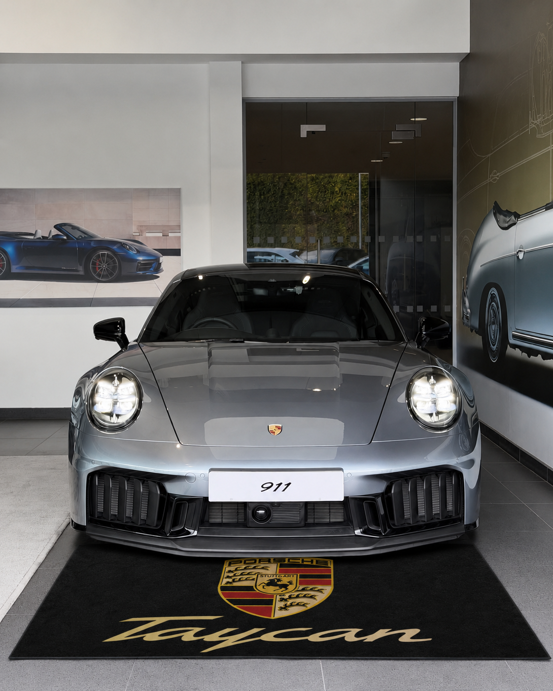 Porsche Taycan Garage Floor Mat 5x7 FT (60x87 Inches) Premium Showroom Rug Wall Decor