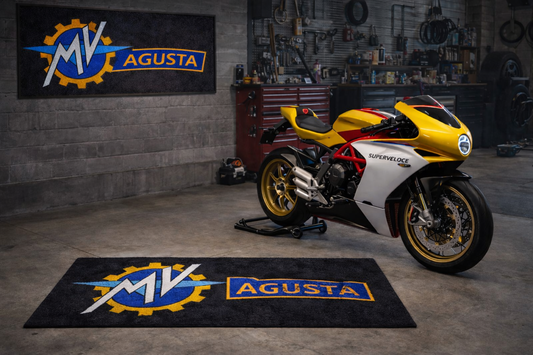 MV Agusta Motorcycle Garage Floor Mat 32x87 Inches Premium Showroom Rug Wall Decor Racing Style Bike Carpet