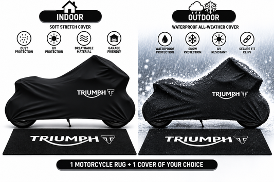 Triumph Motorcycle Cover & Garage Rug Bundle – Custom Fit Indoor or Waterproof Outdoor Cover