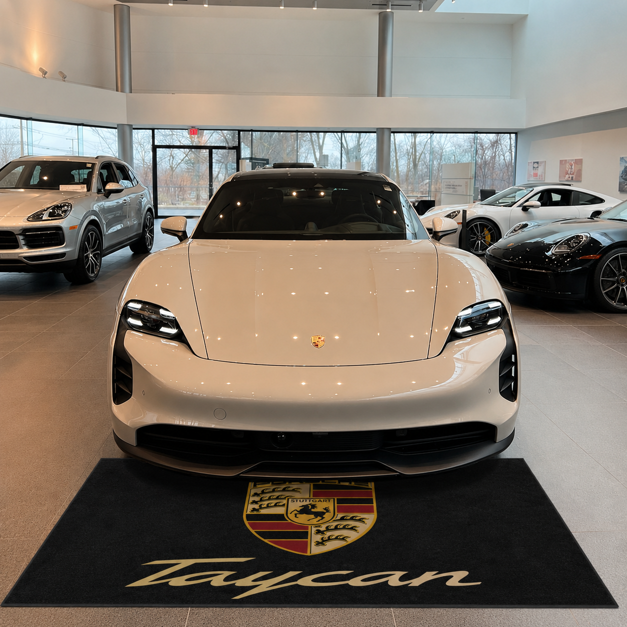 Porsche Taycan Garage Floor Mat 5x7 FT (60x87 Inches) Premium Showroom Rug Wall Decor