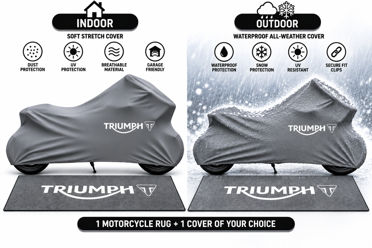 Triumph Motorcycle Cover & Garage Rug Bundle – Custom Fit Indoor or Waterproof Outdoor Cover