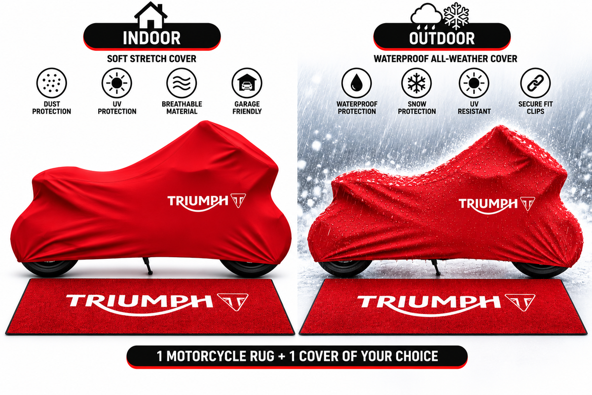 Triumph Motorcycle Cover & Garage Rug Bundle – Custom Fit Indoor or Waterproof Outdoor Cover