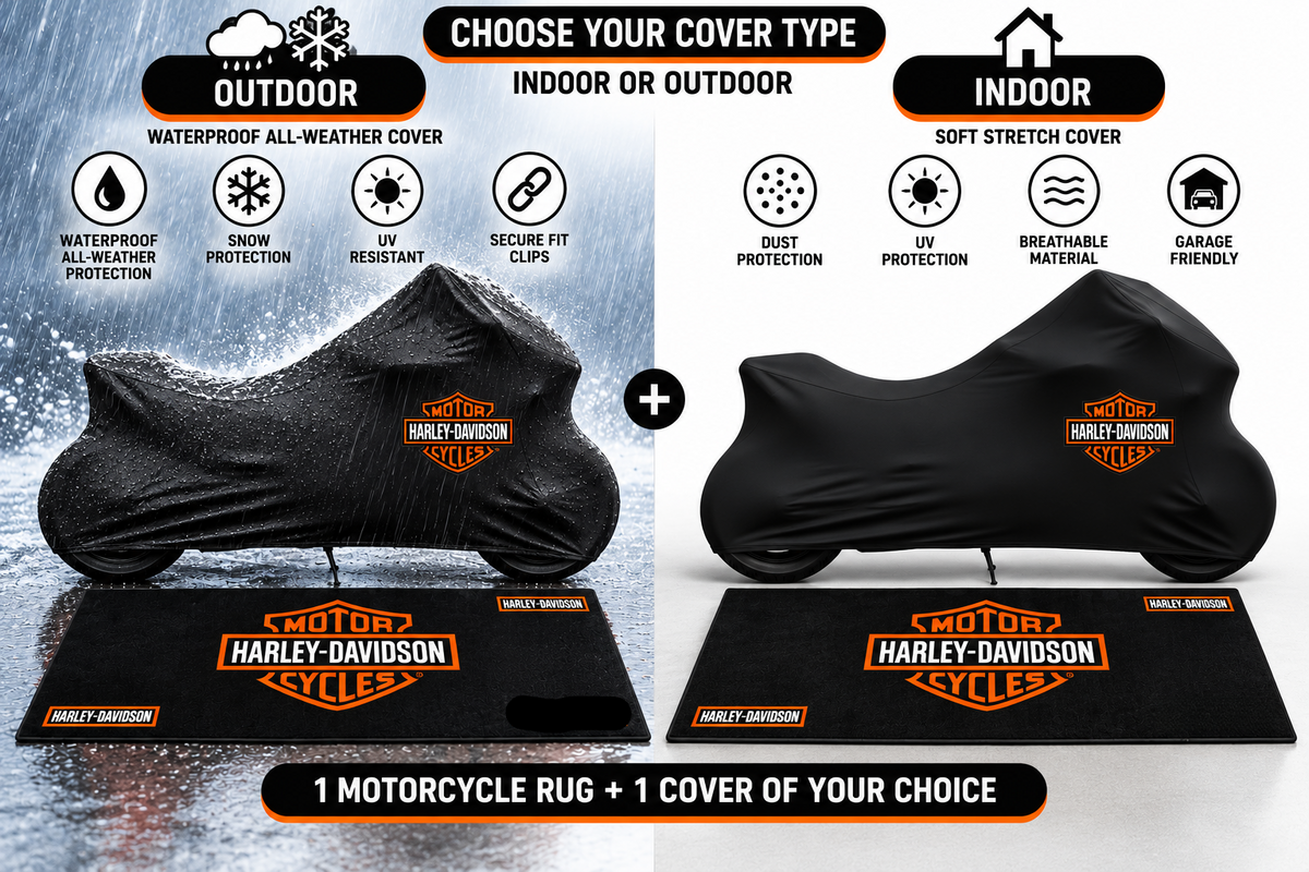 Harley Davidson Motorcycle Cover & Garage Rug Bundle – Custom Fit Indoor or Waterproof Outdoor Cover