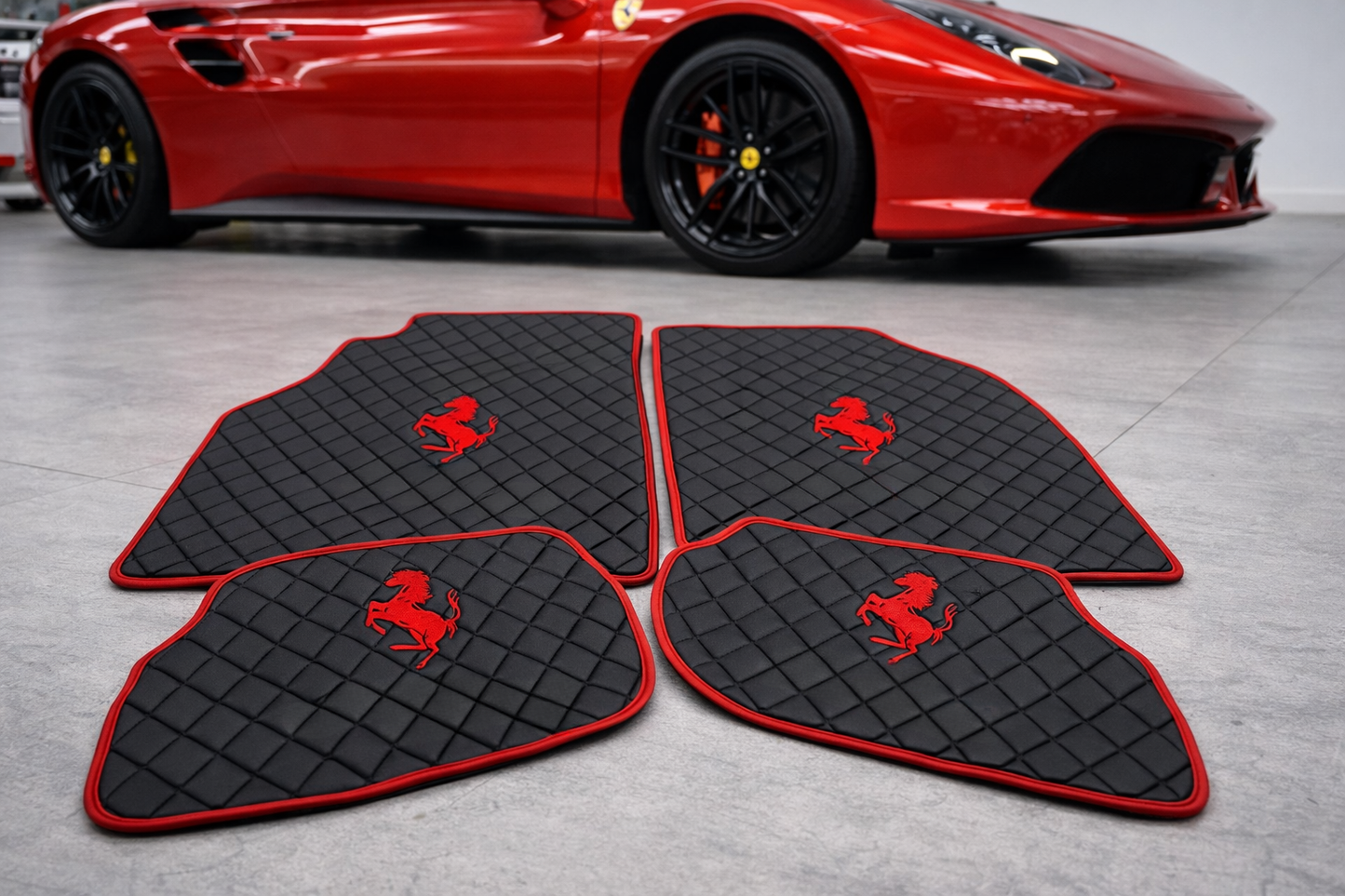 California Leather Floor Mats  Diamond Quilted Design with Prancing Horse Luxury Car Mat