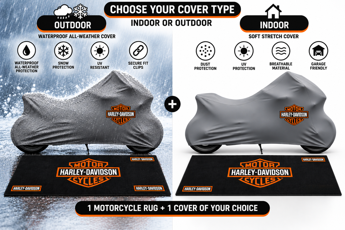 Harley Davidson Motorcycle Cover & Garage Rug Bundle – Custom Fit Indoor or Waterproof Outdoor Cover