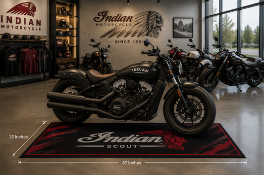 Indian Scout Motorfiets Garagevloermat 32x87 inch Premium Showroomkleed